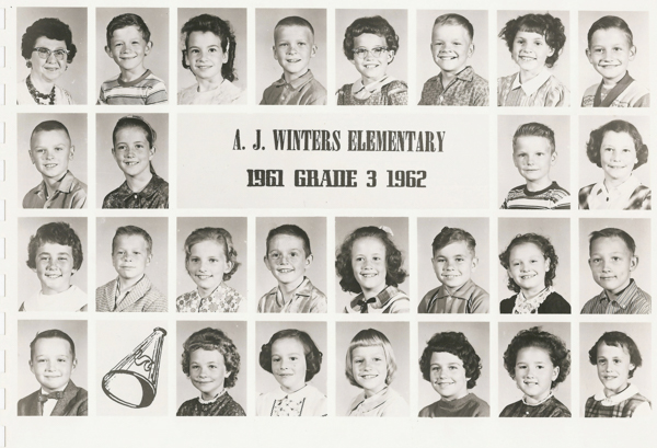A grid of individual portraits featuring children and one adult, likely a teacher, each facing forward and smiling. At the center is the text "A. J. Winters Elementary 1961 Grade 3 1962." A drawing of a megaphone appears below the two rows of portraits in the bottom half.