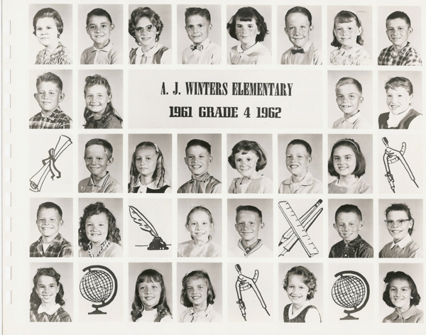 A grid of individual portraits of children arranged in rows. Each child is looking directly at the viewer. In the center, the text reads "A. J. Winters Elementary 1961 Grade 4 1962." There are illustrations of a diploma, pen with ink pot, compass, protractor, rulers, and a globe interspersed among the portraits.