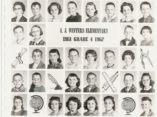 A series of portraits of school children and a teacher arranged in rows, with some illustrations of educational symbols like a diploma, quill, compass, ruler, and globe. In the center, the text reads "A. J. Winters Elementary, 1961 Grade 4 1962."