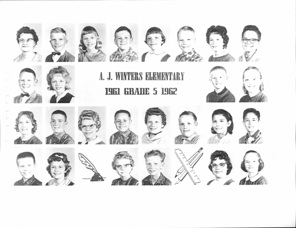 A collection of individual portraits arranged in four rows. Each row features the head and shoulders of smiling children and one adult. The text "A. J. Winters Elementary 1961 Grade 5 1962" is prominently displayed among the portraits. Nearby, there are simple images of a quill with ink and crossed pencils.
