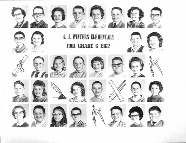A collection of individual portraits arranged in rows, featuring children and a few adults, who are all facing forward. There is text at the top that reads "A. J. Winters Elementary 1961 Grade 6 1962." Various illustrations, including a diploma, a quill, a ruler, and a compass, are interspersed among the portraits.