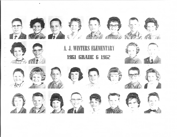 A grid of portrait-style images showing individual children and adults, accompanied by the text "A. J. Winters Elementary 1961 Grade 6 1962." Each person is facing forward and displaying a variety of hairstyles and clothing styles typical for the era.