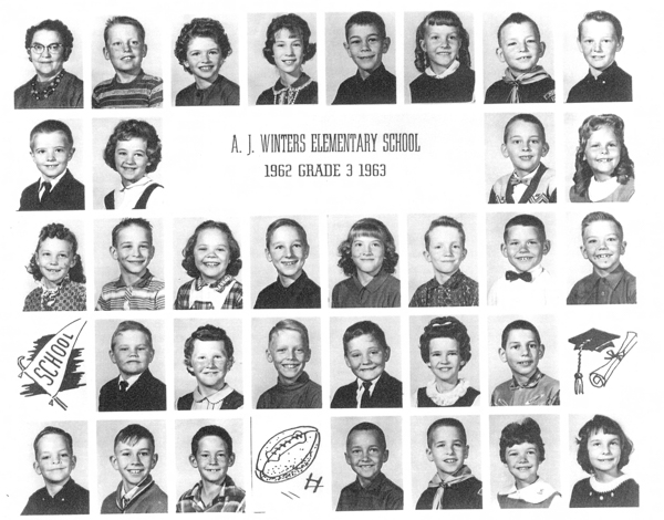 A collage of individual portraits arranged in rows. Each portrait features a child or a woman, all facing forward. In the center, there is text reading "A. J. Winters Elementary School 1962 Grade 3 1963." Decorative drawings, including a school pennant and graduation cap with a diploma, are placed among the portraits.