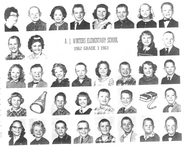 Group of school portraits featuring students and teachers arranged in rows. The text reads "A. J. Winters Elementary School 1962 Grade 3 1963." Decorative illustrations of a megaphone and a stack of books with an apple are included.