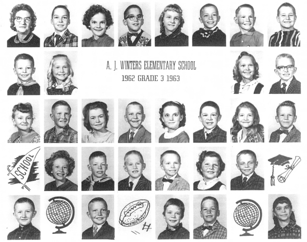 Rows of individual portraits showing children and a woman, each facing forward. In the center, text reads "A. J. Winters Elementary School 1962 Grade 3 1963." Various small illustrations, such as a school pennant, a globe, and a graduation cap with a diploma, are interspersed among some portraits.