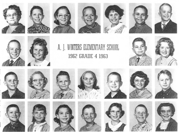 A group of children's portraits arranged in four rows, with a title in the center that reads, "A. J. Winters Elementary School 1962 Grade 4 1963." The children are mostly smiling and wearing a variety of clothing styles. The image includes one adult, a woman, in the top left corner. Each child and the adult have their own individual photo within the larger collection.