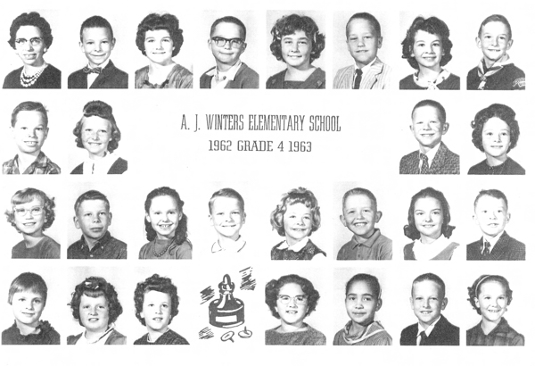 A group of twenty-eight young students and one adult are arranged in a grid format. The individuals are facing forward, with a central heading that reads "A. J. Winters Elementary School 1962 Grade 4 1963." At the bottom center, there is a drawing of a trophy cup with some numbers beside it.