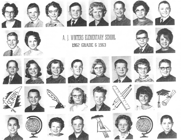 A grid of school portrait photos featuring children and one adult. There are rows of individual headshots, each showing different children wearing various outfits. Interspersed among the portraits are illustrations of school-related items such as a feather quill, a graduation cap with a diploma, globes, a protractor, and a pencil with a ruler. The text reads "A. J. WINTERS ELEMENTARY SCHOOL 1962 GRADE 6 1963."