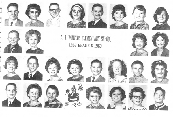 A collection of individual portraits in rows. Most are children, with a few adults included. There is text in the center that reads "A. J. Winters Elementary School," "1962 Grade 6 1963." Below the text, there is an illustration of a gavel and rings.