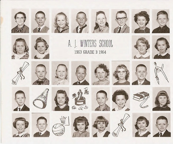 A grid of individual portraits features children and one adult, likely from a school setting. At the center, text reads "A. J. Winters School 1963 Grade 3 1964." The portrait grid is interspersed with illustrations of a diploma, megaphone, chess piece, books, compass, and various school-themed items.