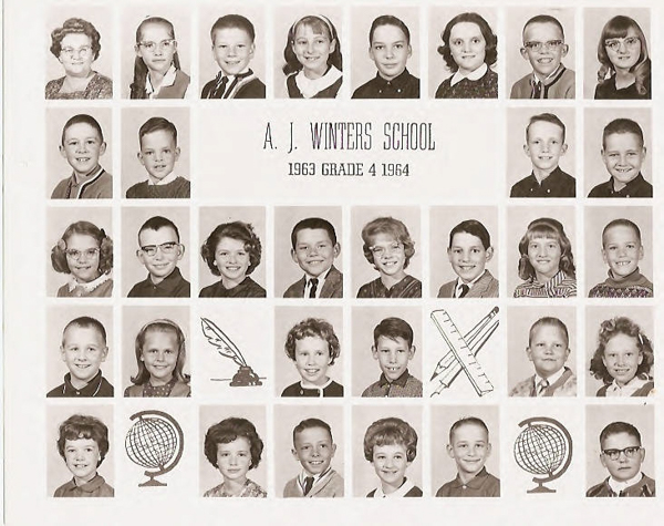A group of children's portrait photos arranged in a grid format. They are part of a school class. The text reads "A. J. Winters School, 1963 Grade 4 1964." There are drawings of a quill, a globe, and rulers among the children's portraits.