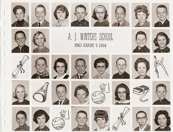 A collection of headshots featuring boys and girls in formal attire arranged in rows. At the center, text reads "A. J. Winters School 1963 Grade 5 1964." Decorative illustrations, such as diplomas, a megaphone, and sports equipment, are interspersed between the portraits.