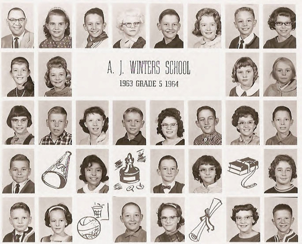 A group of children are arranged in a grid format with individual portraits. In the center is the text "A. J. Winters School 1963 Grade 5 1964." Below the portraits, there are simple drawings of a megaphone, a basketball, a chess piece, books with an apple, and a rolled diploma with a ribbon.