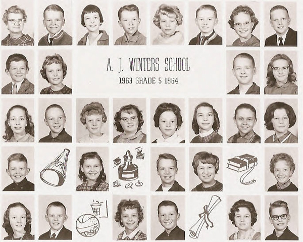 A grid arrangement of small portraits depicting children. In the center, text reads "A. J. Winters School 1963 Grade 5 1964." The portraits are organized into rows. Between some portraits, there are simple illustrations of a drum, trumpet, sports items, and books. The children are mostly smiling and facing the camera.