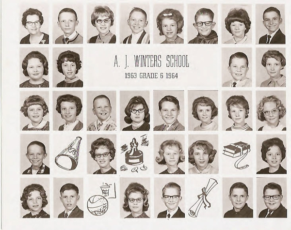 A grid of school portraits of children in various areas surrounding the text "A. J. Winters School 1963 Grade 6 1964." The portraits are arranged in rows, showing boys and girls with a variety of hairstyles and clothing. Below and among the portraits are simple drawings of a megaphone, books, musical notes, an easel, a diploma, and a basketball.