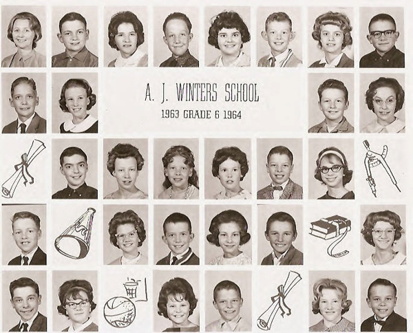 A grid of individual portraits showing students and a teacher arranged in rows. In the center, text reads "A. J. Winters School 1963 Grade 6 1964." Various school-related illustrations such as a diploma, megaphone, basketball, books, and a protractor are scattered among the portraits.