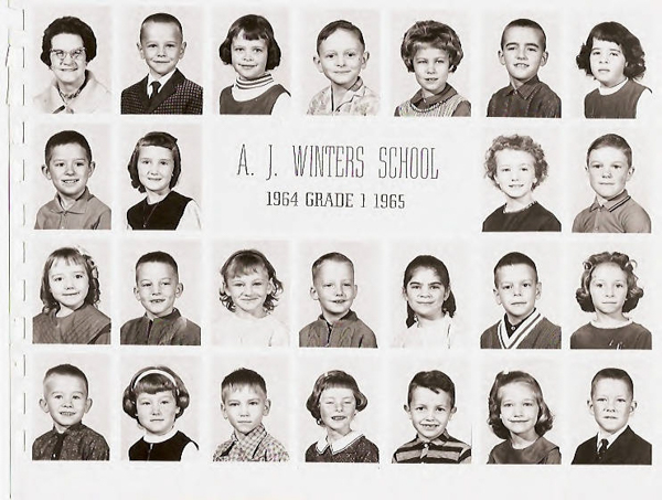 A grid of individual portraits showing young children and one adult woman. The children are dressed in a variety of clothes suitable for school. In the center, there is text that reads, "A. J. Winters School 1964 Grade 1 1965."
