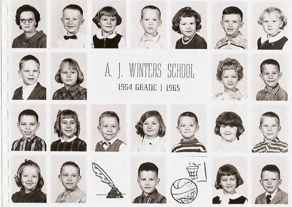 A grid of individual portraits shows young children and one adult wearing various clothing styles, likely for a school photo. At the center, text reads "A. J. Winters School 1964 Grade 1 1965." At the bottom, there are illustrations of a quill, basketball, and hoop.