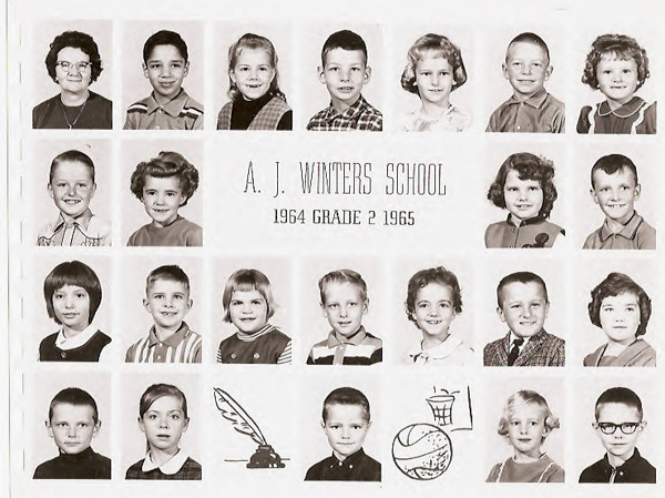 A series of portraits arranged in a grid, featuring one adult and several children. The adult appears to be a teacher or school staff. The children have a variety of hairstyles and expressions. Text in the center reads "A. J. Winters School 1964 Grade 2 1965." Below the portraits, there are illustrations of a quill, ink pot, and sports equipment including a basketball and hoop.
