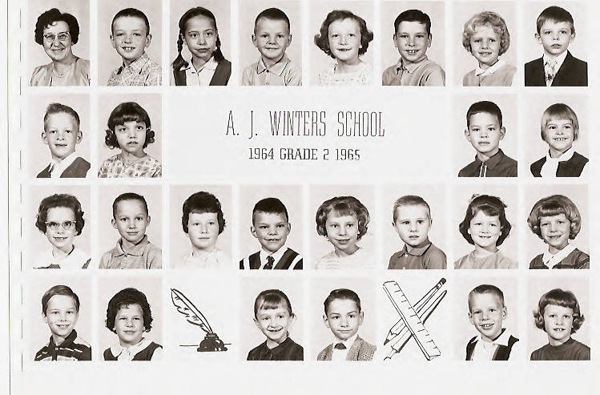 A collection of individual portrait images depicting children and one adult arranged in rows. The text reads "A. J. Winters School 1964 Grade 2 1965" at the center. There are two small illustrations beneath the portraits: one of a quill with an ink bottle and the other of a ruler and pencil crossed.