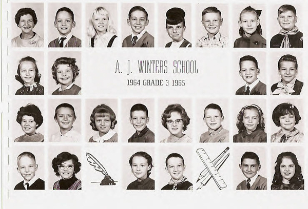 Twenty-two individual portraits of children arranged in three rows, wearing a variety of clothing styles typical of the mid-1960s. In the center is the text "A. J. Winters School 1964 Grade 3 1965." Below the portraits are illustrations of a quill and inkwell, an airplane, and a ruler.