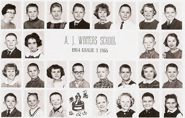 Rows of individual portraits showing children and one adult, arranged in four rows. Each child and the adult is facing forward and wearing school-appropriate clothing. In the middle, text reads "A. J. Winters School 1964 Grade 3 1965." A school logo featuring a bell and book is placed between two rows.
