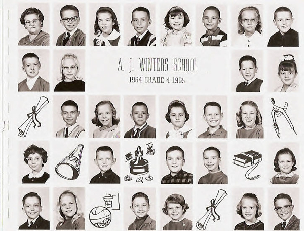 Portrait-style photographs of school children arranged in rows. In the center, the text reads: "A.J. Winters School, 1964 Grade 4 1965." Surrounding the images are illustrations of a telescope, book, map, megaphone, basketball, baseball, school bell, and scrolls.