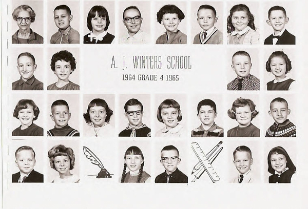A group of individual portraits arranged in five rows. Most are of children with various hairstyles, wearing different outfits typical of the mid-1960s, such as sweaters, dresses, and collared shirts. To the left of the fourth row is a woman, possibly the teacher. The text in the center reads "A. J. Winters School" along with "1964 Grade 4 1965." In the bottom row, there are illustrations of a quill, an ink bottle, rulers, and a pencil between some of the portraits.