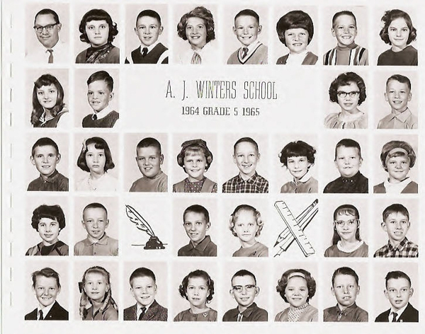 A collage of individual portraits featuring children and one adult, arranged in rows. In the center, text reads "A. J. WINTERS SCHOOL, 1964 GRADE 5 1965." Below the text are illustrations of a quill pen and inkwell, and a pair of crossed pencils. The children are smiling and dressed in various outfits typical of the 1960s.