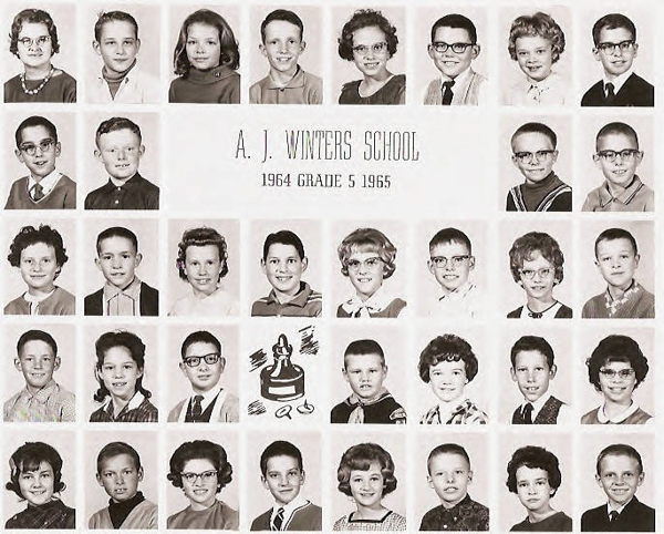Rows of individual portraits featuring students, each within a rectangular frame. In the center, a block of text reads "A. J. Winters School 1964 Grade 5 1965." One frame in the middle row includes a hand-drawn face and doodle instead of a photograph.
