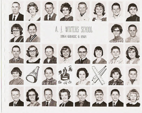 Rows of individual portraits featuring children and a teacher. Above the portraits, there is text reading "A. J. Winters School 1964 Grade 6 1965." The portraits are arranged in a grid format, divided into rows, with children wearing typical school attire of the era. In the middle row, decorative illustrations of a megaphone, a bell, and a school bus are placed alongside some of the portraits.