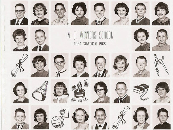 A grid of individual portraits showing children and an adult, with various drawings including scrolls, a megaphone, a drum, a quill, a book, and a basketball scattered among the images. The text "A. J. Winters School 1964 Grade 6 1965" is prominently displayed in the center.