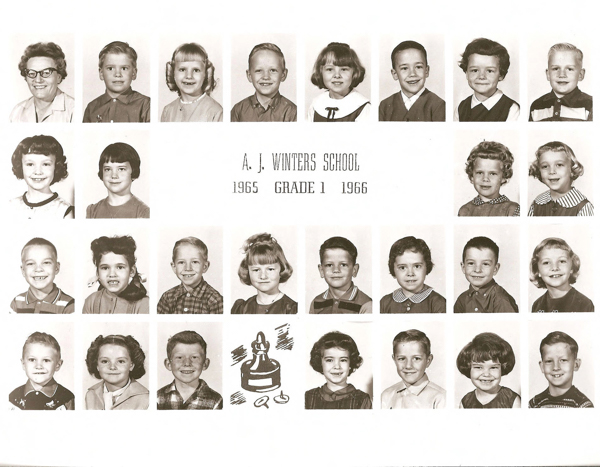 A compilation of headshots arranged in four rows, showing one adult and multiple children. The adult is a woman with glasses. The children are young and dressed in various clothing styles typical for school pictures. In the center is text reading "A. J. Winters School 1965 Grade 1 1966." Beneath the text is a graphic of an inkwell and pen.