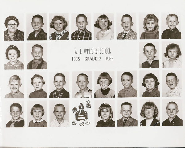 A grid of individual portraits featuring young children and one adult. The adult, possibly a teacher, is positioned in the top left corner. The children are arranged in rows and appear to be of similar age, likely a school class. In the center, text reads "A. J. Winters School 1965 Grade 2 1966." Below the text is an illustration of a school bell and books.