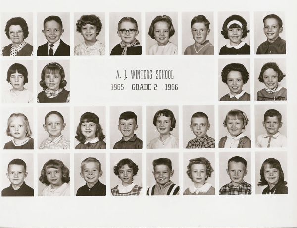 Rows of individual portraits show children and a woman. The middle row includes the text "A. J. Winters School 1965 Grade 2 1966." Each portrait features a child in a variety of outfits, with the woman wearing glasses and a patterned dress. The overall layout is neat and uniform.