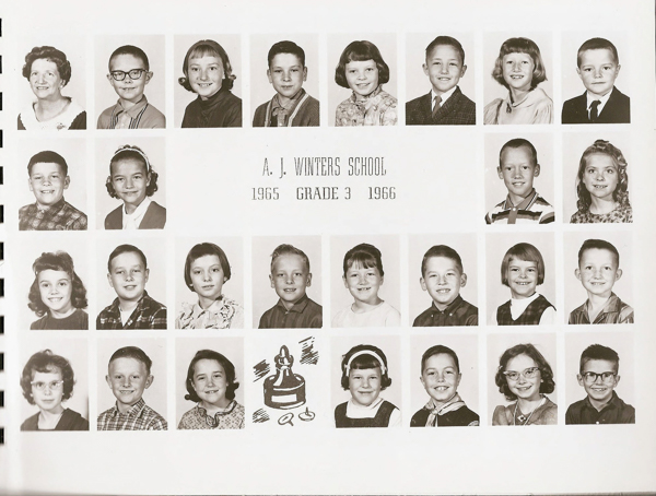 A grid of individual portraits featuring young students and one adult, likely a teacher, arranged in rows. The text in the center reads "A. J. Winters School 1965 Grade 3 1966." The portraits consist of children with various hairstyles and attire. At the bottom, there is an illustration of an ink bottle and pen nib.