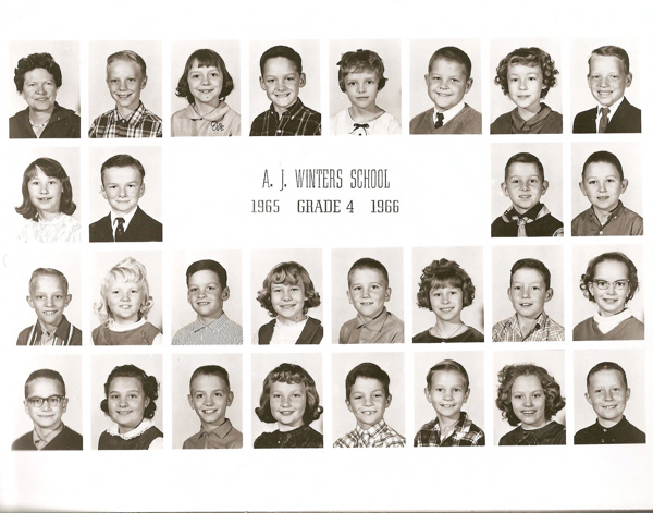 A collection of individual portraits arranged in four rows. The images show children and one adult, all facing forward with various expressions. The text in the center reads "A. J. Winters School 1965 Grade 4 1966."