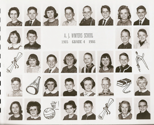 A grid of individual portraits showing a group of children and one adult. In the center, text reads "A. J. Winters School 1965 Grade 4 1966." Among the portraits, some squares feature illustrations: a rolled diploma, a megaphone, drafting compass, a stack of books, and a basketball with a net.
