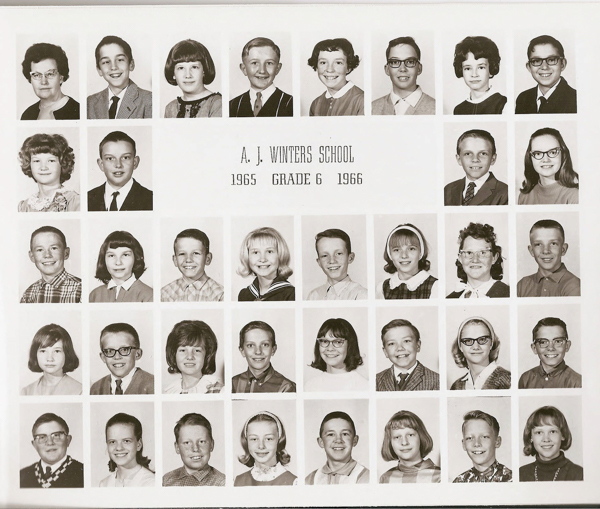 A grid of individual portraits featuring school children and one adult. The central text reads "A. J. Winters School 1965 Grade 6 1966."