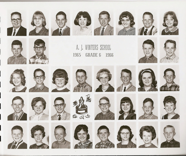 A grid of individual portraits featuring a teacher and students, arranged in five rows. Above the central row is the text "A. J. Winters School 1965 Grade 6 1966." There is an illustration of a small statue and rings visible among the images. The individuals have varying hairstyles and clothing typical of the mid-1960s.