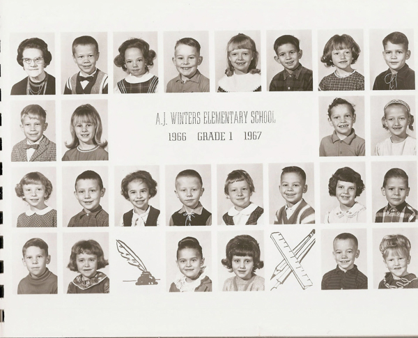 A collection of small portraits arranged in a grid, showing children and one adult, presumably a teacher. The text in the center reads: "A.J. Winters Elementary School 1966 Grade 1 1967." The bottom row includes illustrations of a quill with ink and a set of rulers.