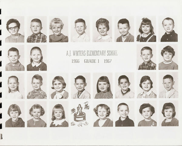 A collection of small portrait photographs arranged in a grid. In the top row, there is an adult on the far left, followed by children. The images show children with various hairstyles and clothing styles typical of the era. The text in the center reads: “A.J. Winters Elementary School, 1966 Grade 1 1967.” There is a small illustration of a globe with a book and pencils in the bottom right corner.