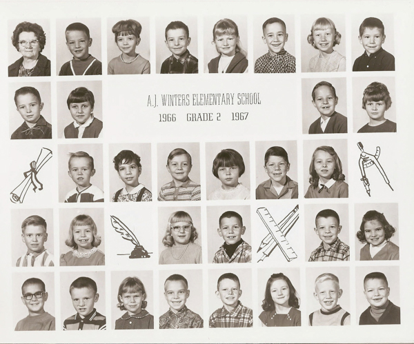 Portraits of children and an adult arranged in rows. The adult is positioned in the first row among the children. Each child is shown in individual square frames. In the center, there is text that reads "A.J. Winters Elementary School 1966 Grade 2 1967." Decorative illustrations of a diploma, quill with inkwell, compass, and ruler are placed around the images.