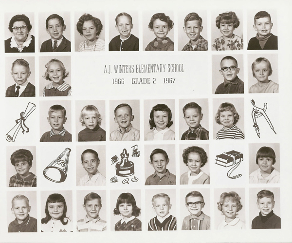 A grid of individual portraits showing a group of children and one adult. Above the portraits, text reads "A.J. Winters Elementary School 1966 Grade 2 1967." The portraits are interspersed with illustrations of a diploma, a megaphone, an inkwell, a compass, and books.
