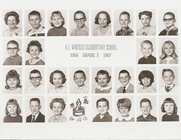 Rows of individual portraits featuring children and one adult arranged in a grid. The text in the center reads: "A.J. Winters Elementary School, 1966, Grade 3, 1967," accompanied by a small illustration of a bell and a book.