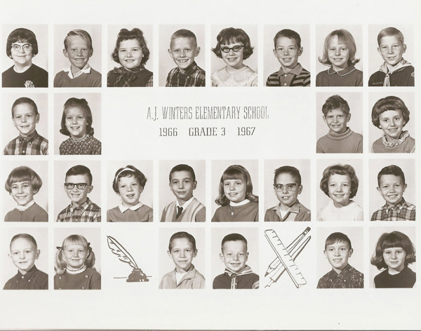 A grid of individual portraits featuring children with various hairstyles and clothing styles. In the center, text reads "A.J. Winters Elementary School, 1966 Grade 3 1967." Below the portraits, there are illustrations of a quill with an inkwell and a set of writing instruments, including a pen and a ruler.