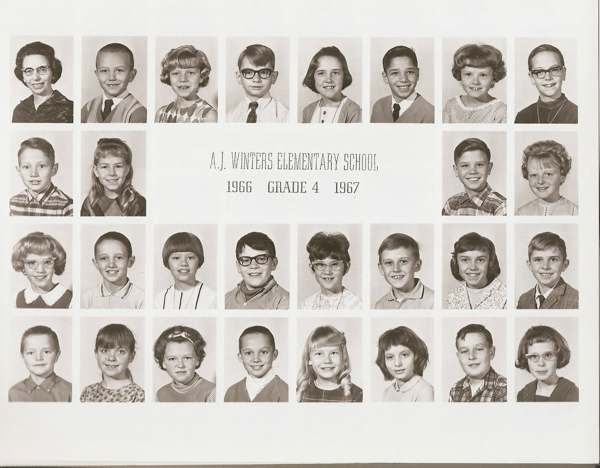 Bust portraits of a teacher and students arranged in four rows. Text in the middle reads, "A.J. Winters Elementary School, 1966 Grade 4 1967." Each person faces forward, showing head and shoulders. The individuals are dressed in various patterned and solid shirts and dresses, with some wearing glasses.