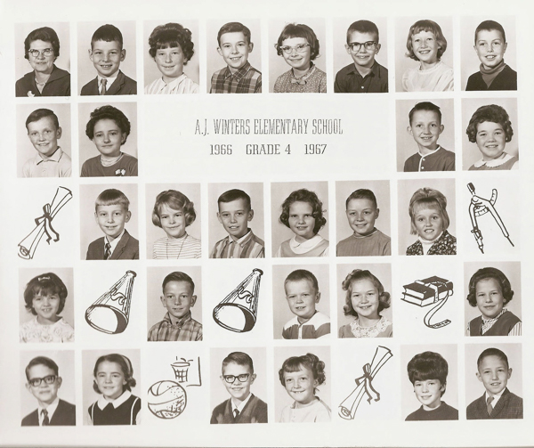 A collage of individual portraits featuring four rows of young children and adults, likely teachers, with each person facing forward. In the center, the text reads "A.J. Winters Elementary School 1966 Grade 4 1967." The portraits are interspersed with drawings of various objects, including a diploma, megaphone, compass, books with a ruler, and a basketball hoop.