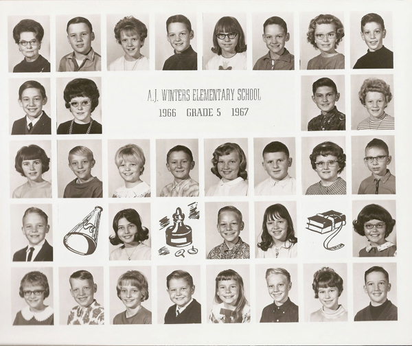 A grid of individual portraits featuring children and one adult. Text in the center reads "A.J. Winters Elementary School, 1966, Grade 5, 1967." The images depict various expressions with boys and girls in typical school attire. Three drawings among the pictures show a megaphone, a bell, and a stack of books.