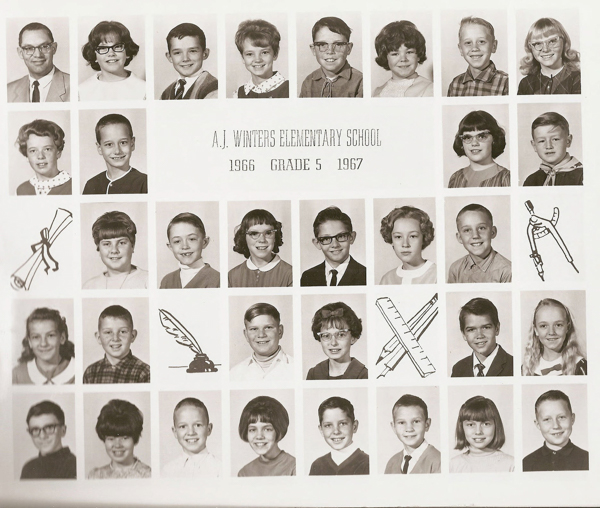 Portraits of a group of children and one adult, arranged in five rows. In the second row, the title "A.J. Winters Elementary School 1966 Grade 5 1967" is displayed. Surrounding the portraits are simple illustrations of a diploma, a quill and ink, a compass, and crossed rulers.